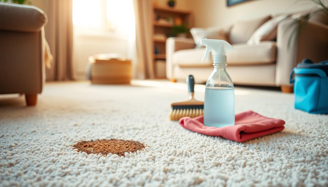Reinigungsutensilien neben einem Fleck auf einem hellen Teppich – Spray, Bürste und Tuch